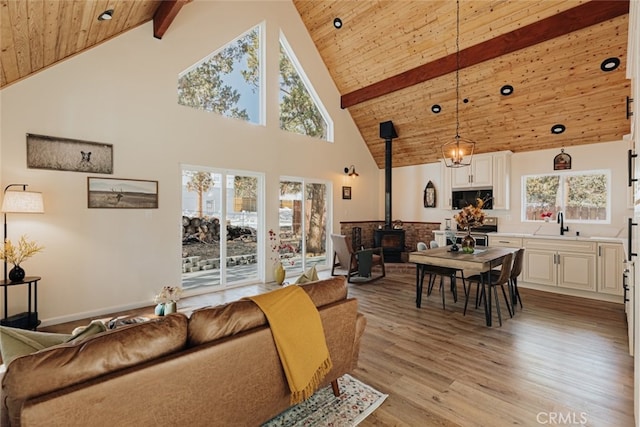 living room with light wood-type flooring, wood ceiling, beam ceiling, high vaulted ceiling, and a wood stove