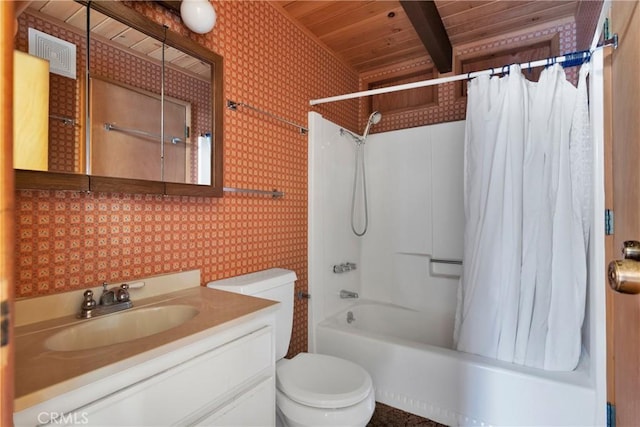 full bathroom with vanity, wood ceiling, shower / bath combo, and toilet