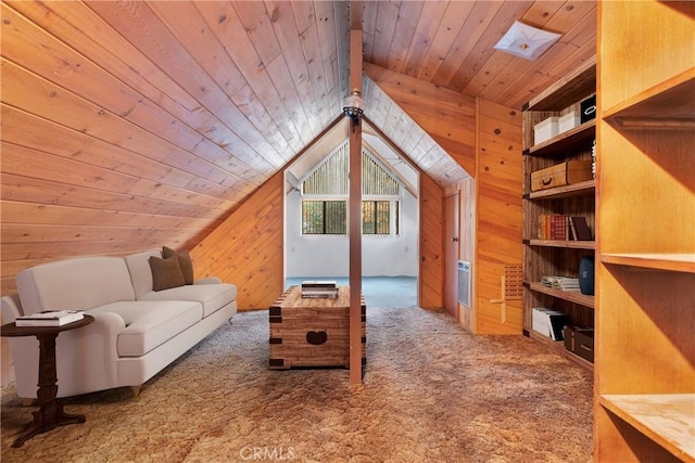 interior space with carpet flooring, vaulted ceiling with beams, wooden ceiling, and wooden walls