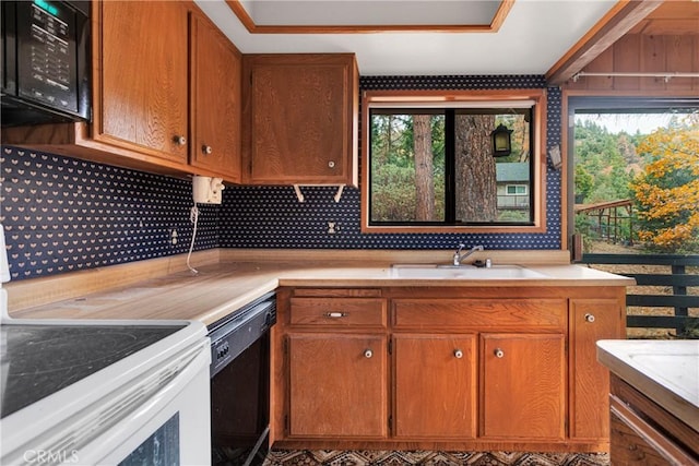 kitchen featuring black appliances, plenty of natural light, backsplash, and sink