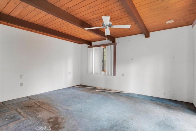 unfurnished room with beam ceiling, ceiling fan, carpet floors, and wooden ceiling