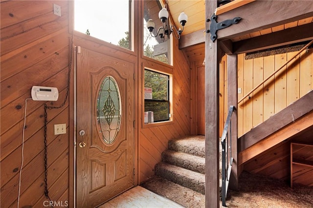 entrance foyer with wood walls