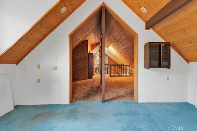 bonus room with wooden ceiling, carpet floors, and lofted ceiling with beams