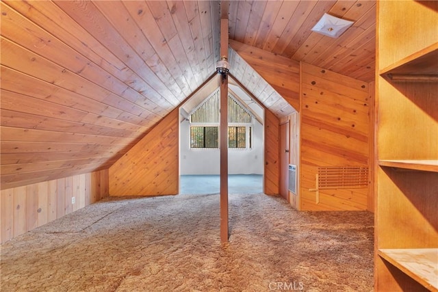 bonus room featuring carpet, vaulted ceiling with beams, wood ceiling, and wooden walls