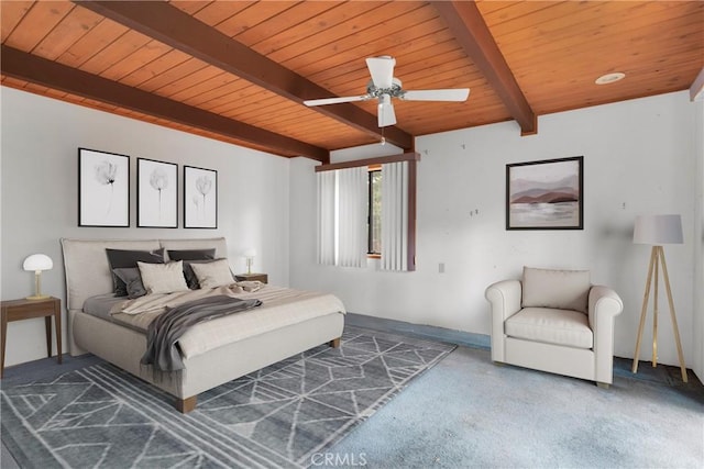 bedroom with carpet flooring, ceiling fan, and wooden ceiling