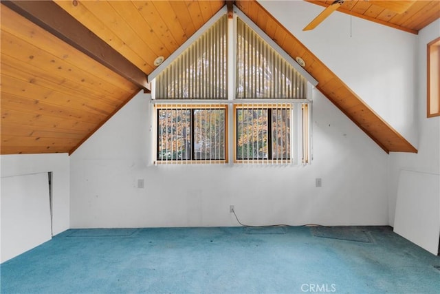 bonus room featuring carpet flooring, lofted ceiling with beams, ceiling fan, and wooden ceiling