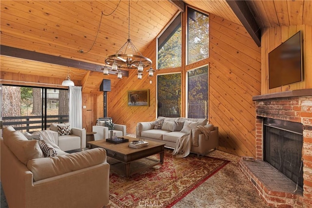 carpeted living room featuring beamed ceiling, wooden ceiling, high vaulted ceiling, and wooden walls