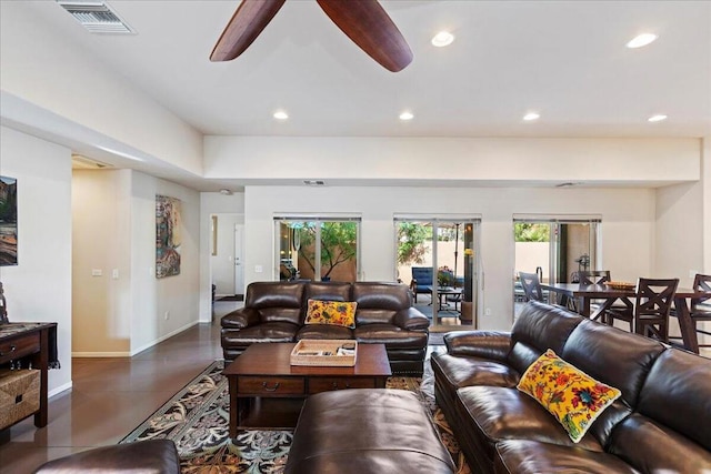 living room with ceiling fan