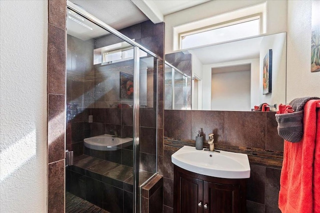 bathroom featuring plenty of natural light, vanity, and a shower with shower door