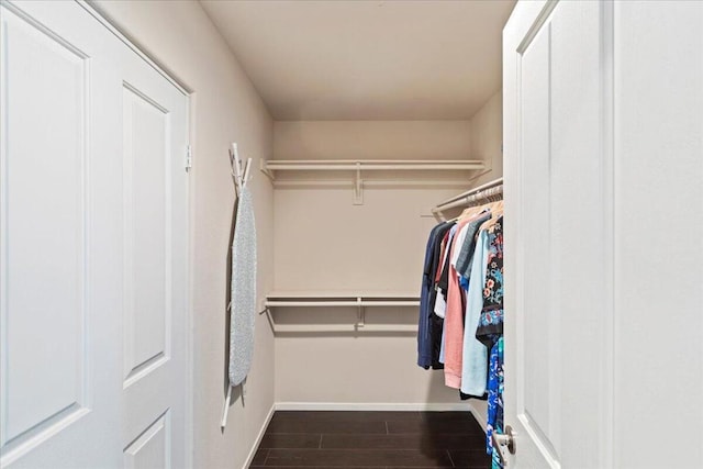 walk in closet with dark wood-type flooring