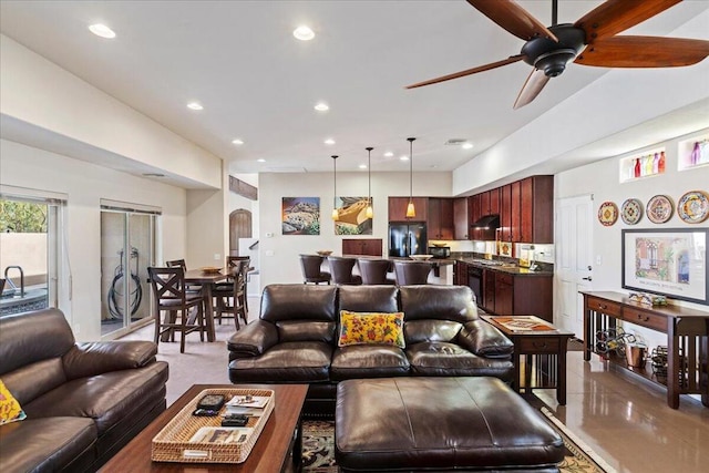 living room with ceiling fan