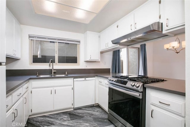 kitchen with dishwasher, sink, white cabinetry, and stainless steel range with gas stovetop