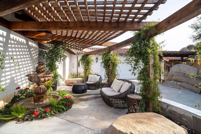 view of patio / terrace with outdoor lounge area and a pergola