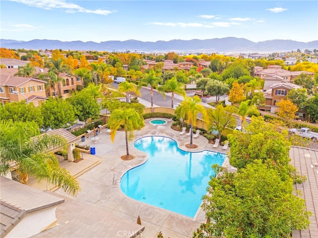 view of swimming pool featuring a mountain view and a patio area