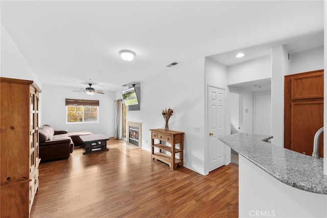 living room featuring ceiling fan and hardwood / wood-style flooring