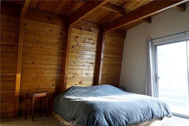 bedroom with lofted ceiling with beams, wood walls, and wood ceiling