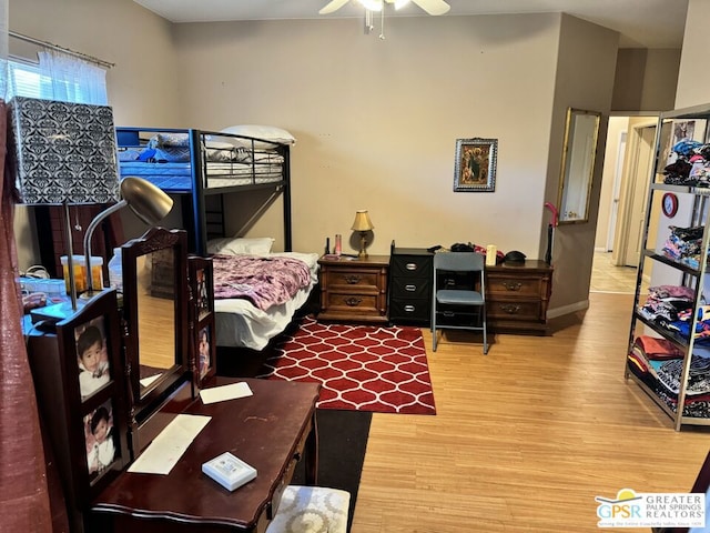 bedroom featuring ceiling fan and light wood-type flooring