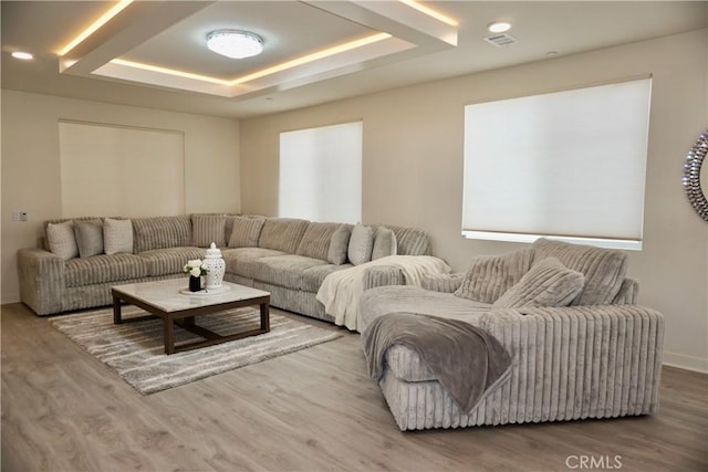 living room with a raised ceiling and hardwood / wood-style floors