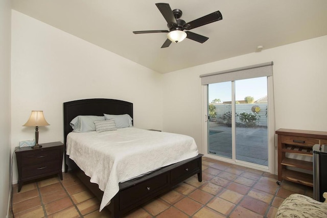 bedroom featuring tile patterned flooring, access to exterior, and ceiling fan