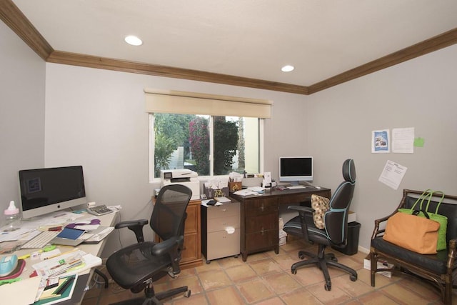 tiled office space with ornamental molding