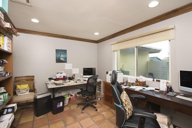 tiled home office featuring crown molding