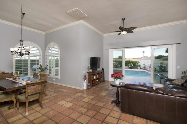 tiled living room featuring crown molding, ceiling fan with notable chandelier, and a wealth of natural light