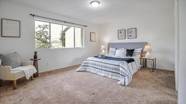 bedroom with a textured ceiling and carpet flooring