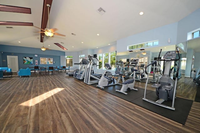 gym with wood-type flooring and ceiling fan