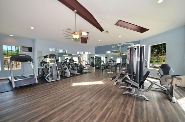 gym featuring ceiling fan, a healthy amount of sunlight, and dark hardwood / wood-style flooring