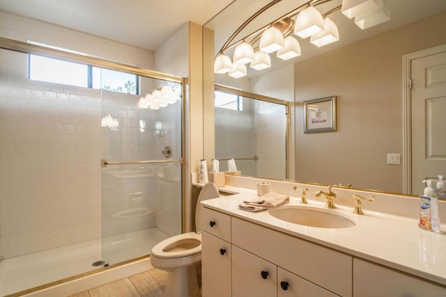 bathroom with vanity, an enclosed shower, and toilet