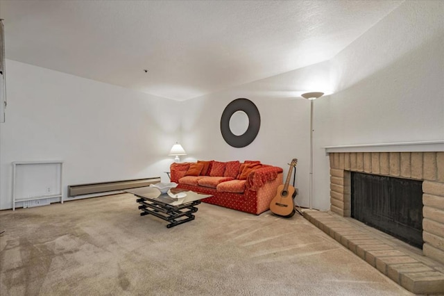 living room featuring carpet flooring, vaulted ceiling, a fireplace, and a baseboard radiator