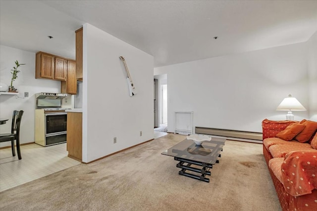 carpeted living room with a baseboard radiator