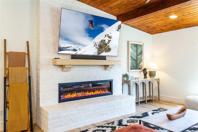 living room with hardwood / wood-style floors, vaulted ceiling with beams, and wood ceiling