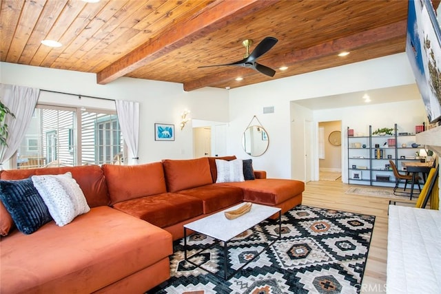 living room with beam ceiling, light wood-type flooring, ceiling fan, and wood ceiling