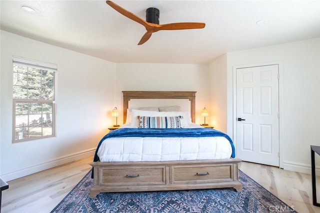 bedroom featuring ceiling fan and light hardwood / wood-style flooring