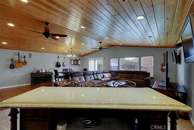 interior space featuring lofted ceiling, wooden ceiling, recessed lighting, and wood finished floors