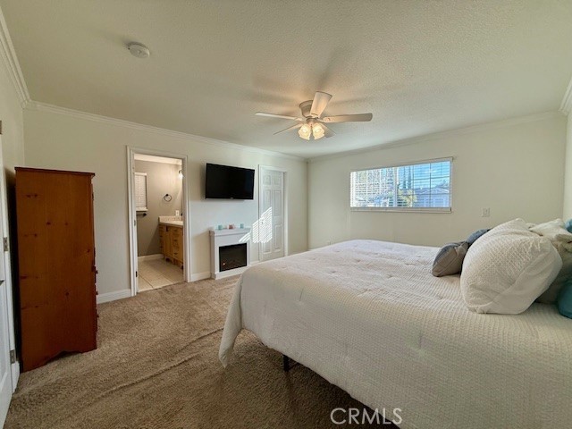 carpeted bedroom with ceiling fan, a textured ceiling, baseboards, ensuite bath, and crown molding