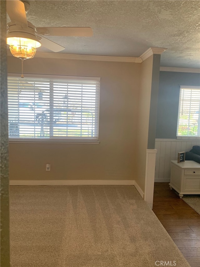 empty room with crown molding, a ceiling fan, wainscoting, a textured ceiling, and wood finished floors