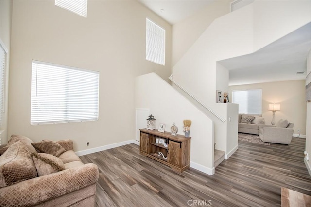 living room featuring a high ceiling and dark hardwood / wood-style floors