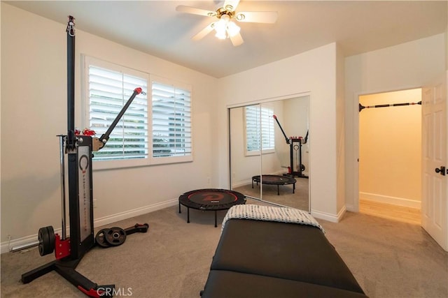 workout room featuring a wealth of natural light, ceiling fan, and light colored carpet