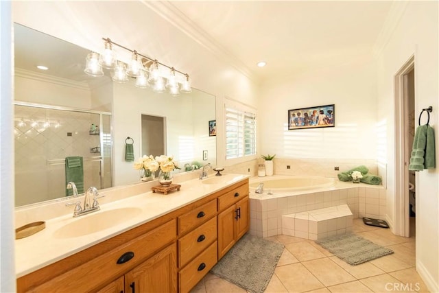 bathroom with tile patterned flooring, shower with separate bathtub, vanity, and crown molding