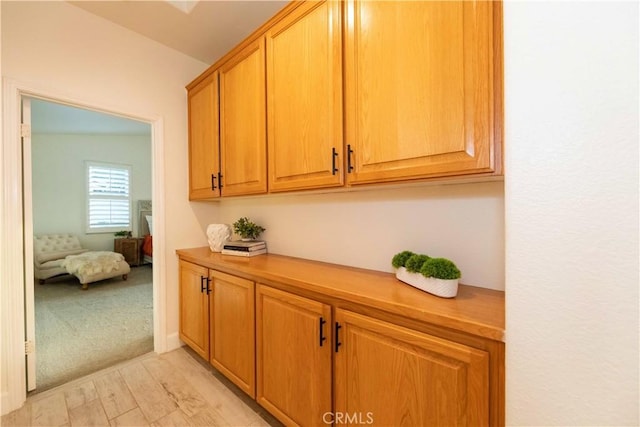 hall with light hardwood / wood-style flooring and lofted ceiling