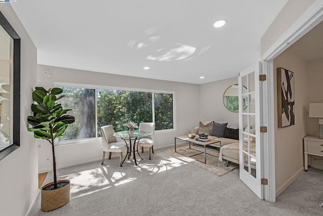 living area featuring light colored carpet