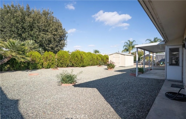 view of yard with a storage unit and a patio area