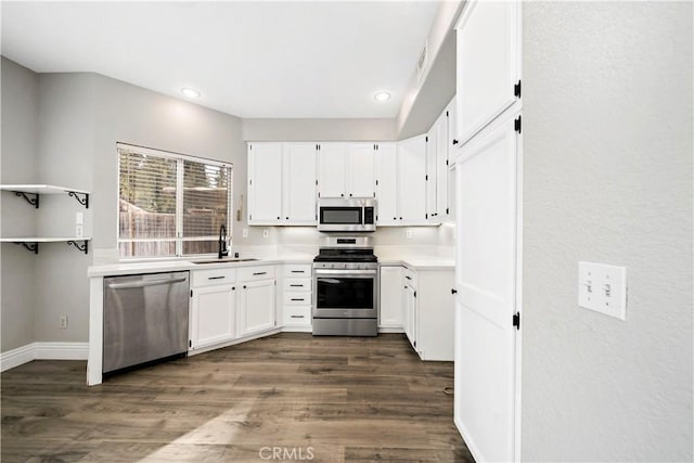 kitchen featuring white cabinets, dark wood-type flooring, sink, and stainless steel appliances