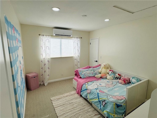 bedroom featuring light carpet and an AC wall unit