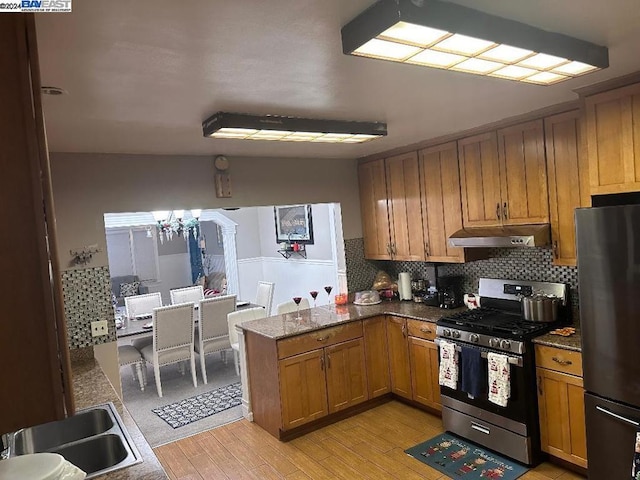 kitchen featuring backsplash, sink, light hardwood / wood-style floors, kitchen peninsula, and stainless steel appliances