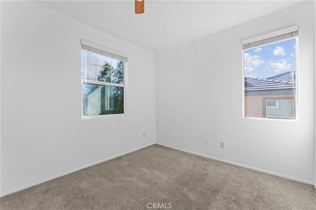 empty room with carpet flooring, ceiling fan, and a wealth of natural light