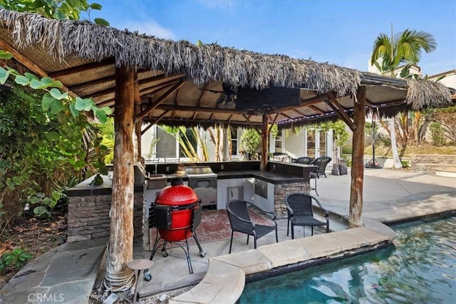 view of patio / terrace with exterior bar and an outdoor kitchen