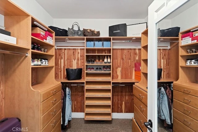 walk in closet with dark colored carpet